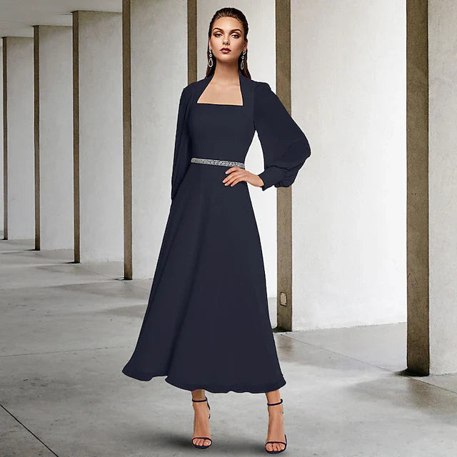 Wholesale Two Piece A-Line Mother of the Bride Dress Church Elegant Square Neck Tea Length Chiffon Short Sleeve Wrap Included with Sash / Ribbon