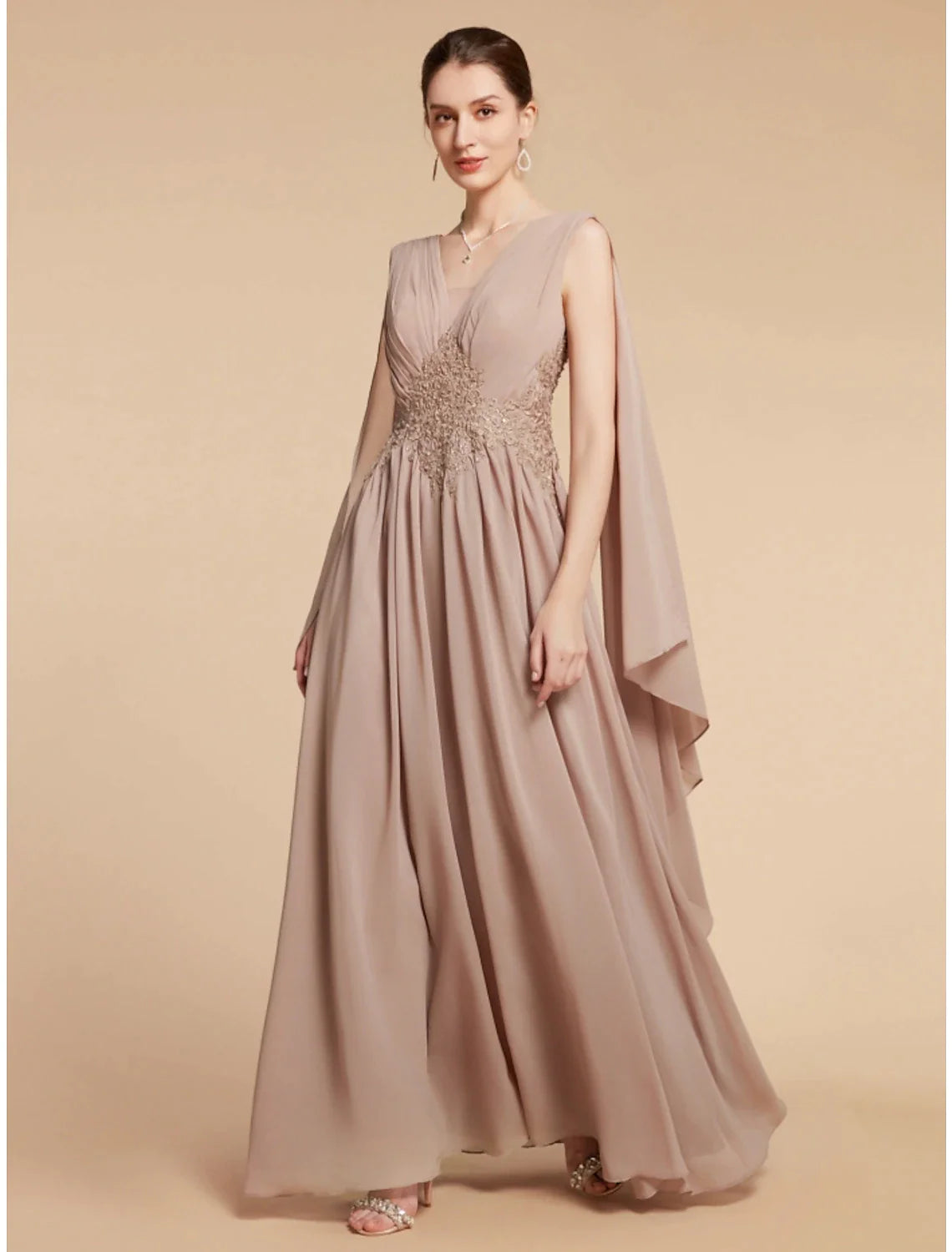 Wholesale A-Line Mother of the Bride Dress Wedding Guest Elegant V Neck Ankle Length Chiffon Lace Sleeveless with Ruching Solid Color