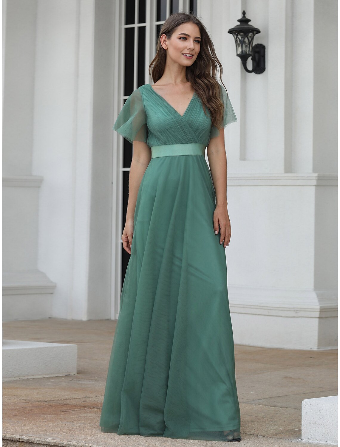 Wholesale  A-Line Empire Wedding Guest Prom Dress V Neck V Back Short Sleeve Floor Length Chiffon with Pleats Ruched