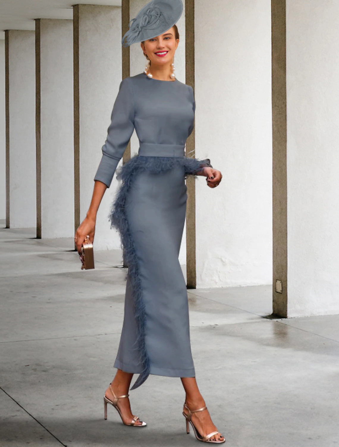 Wholesale  Sheath / Column Mother of the Bride Dress Vintage Elegant Jewel Neck Ankle Length Stretch Fabric Half Sleeve with Feather Sash / Ribbon