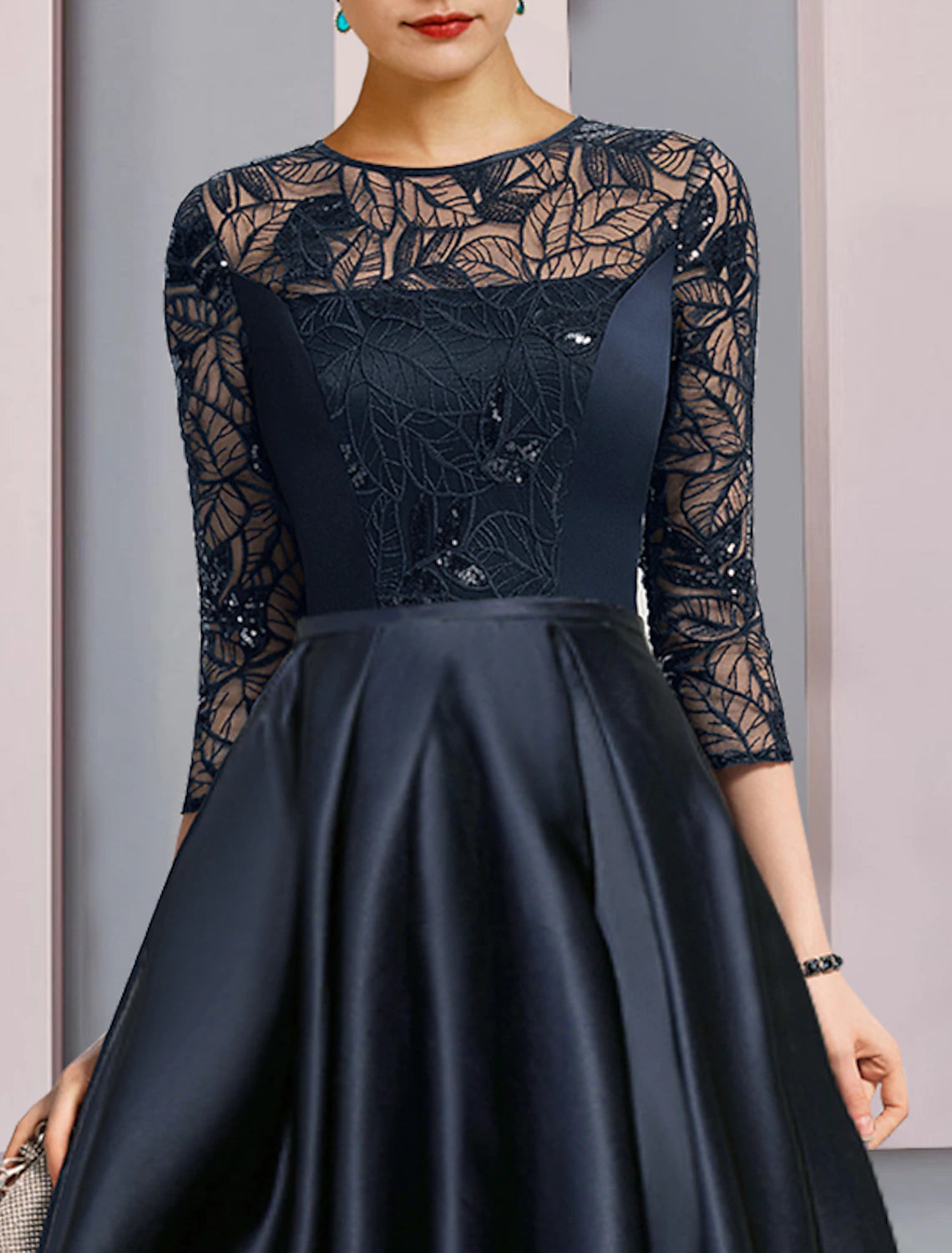 Wholesale  A-Line Mother of the Bride Dress Wedding Guest Vintage Party Jewel Neck Asymmetrical Satin Lace Sequined Half Sleeve with Pleats