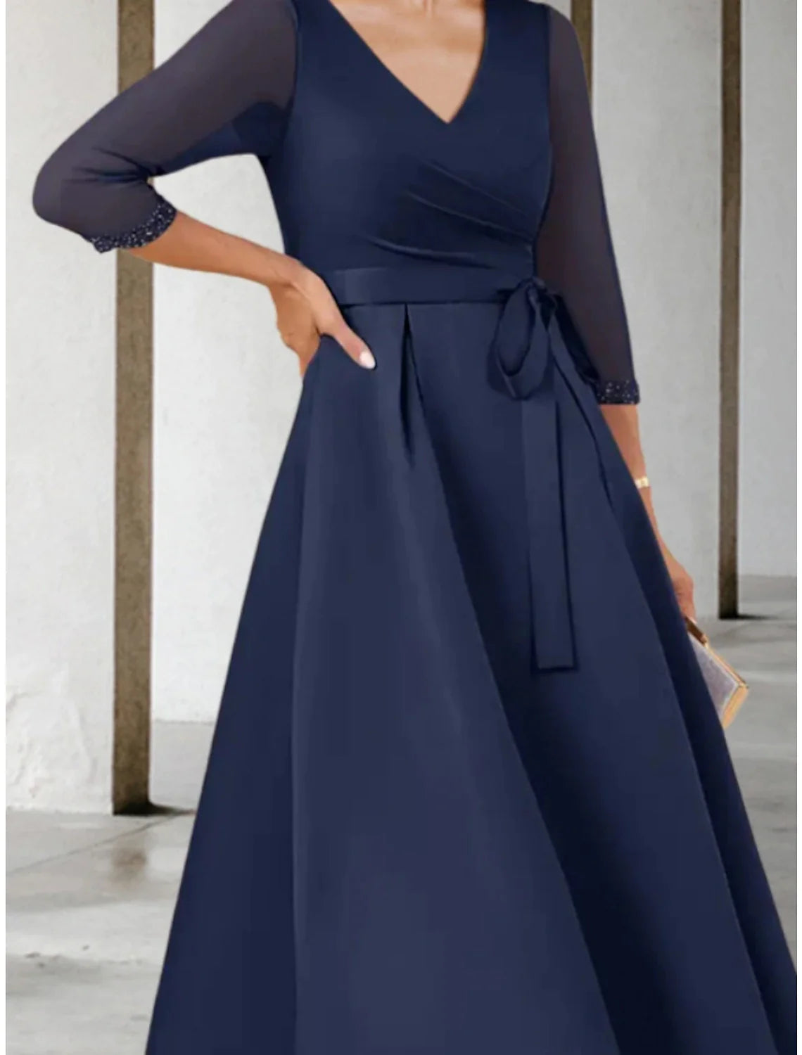 Wholesale A-Line Mother of the Bride Dress Wedding Guest Elegant Petite V Neck Tea Length Stretch Chiffon 3/4 Length Sleeve with Bow(s) Crystals Ruching