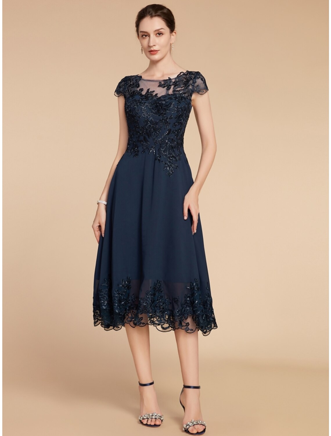 Wholesale A-Line Mother of the Bride Dress Wedding Guest Elegant Petite Scoop Neck Tea Length Chiffon Lace Cap Sleeve with Sequin Ruching Solid Color