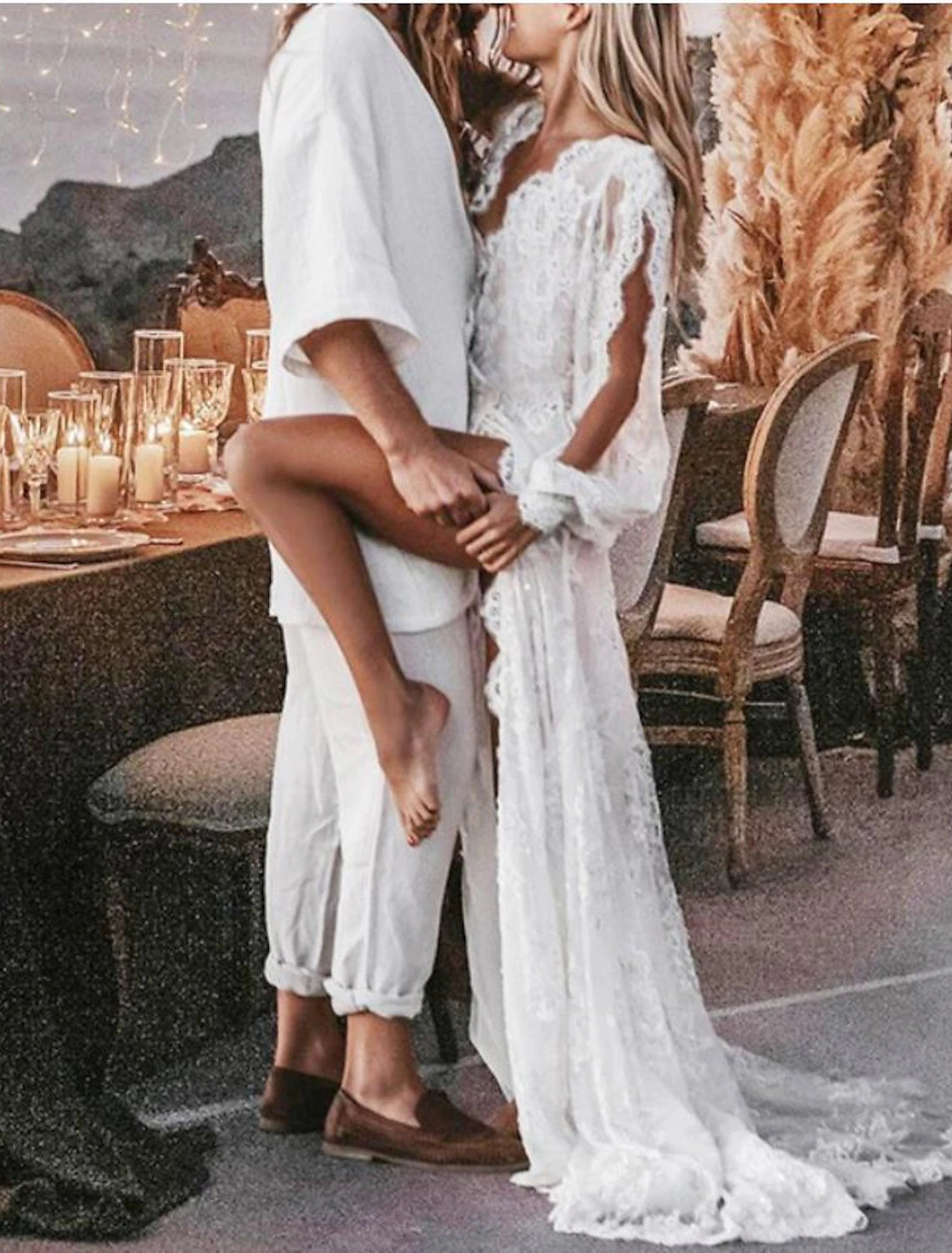 Wholesale Beach Sexy Boho Wedding Dresses A-Line V Neck Long Sleeve Sweep / Brush Train Lace Bridal Gowns With Appliques Split Front