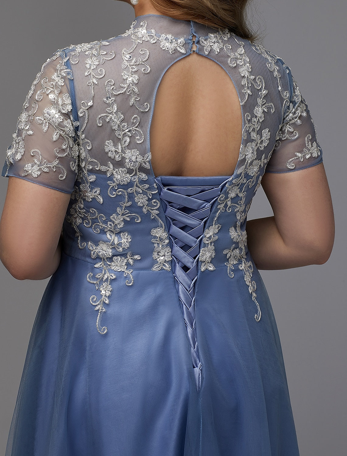Wholesale  A-Line Plus Size Dress Wedding Guest Prom Floor Length Short Sleeve High Neck Lace Lace-up with Appliques