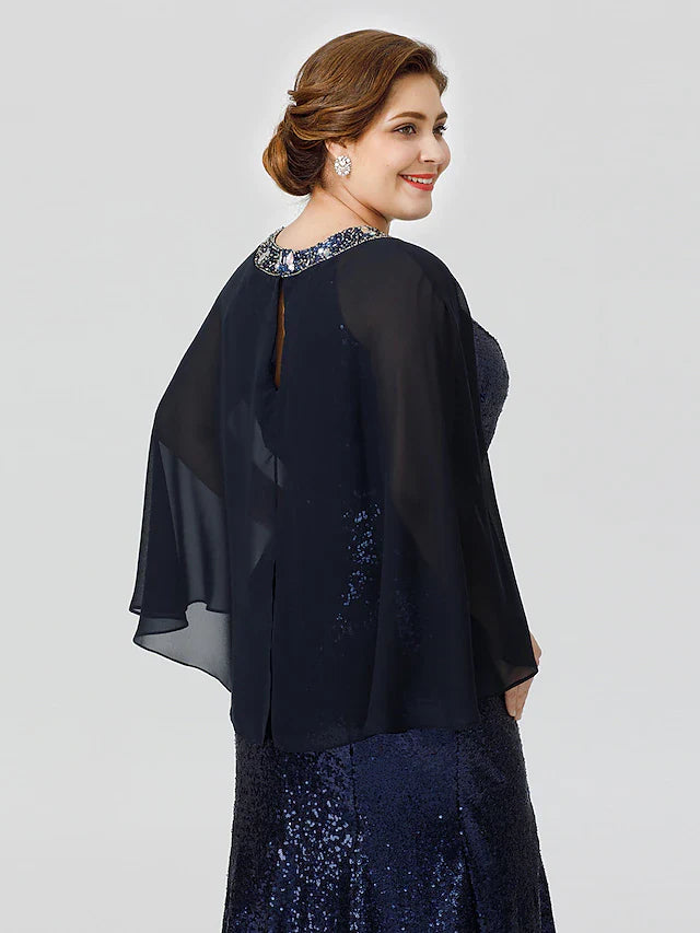 Wholesale Mermaid / Trumpet Mother of the Bride Dress Formal Chic & Modern Glamorous & Dramatic Plus Size Jewel Neck Floor Length Chiffon Sequined 3/4 Length Sleeve No with Crystals Beading
