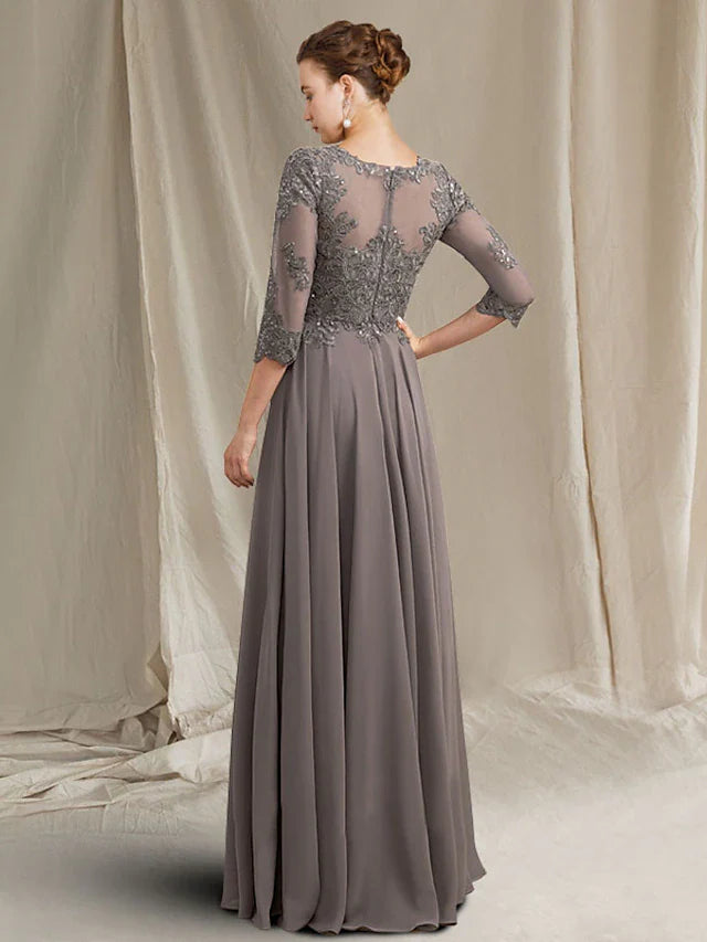 Wholesale Sheath / Column Mother of the Bride Dress Plus Size Elegant Jewel Neck Floor Length Chiffon Lace 3/4 Length Sleeve with Pleats Appliques
