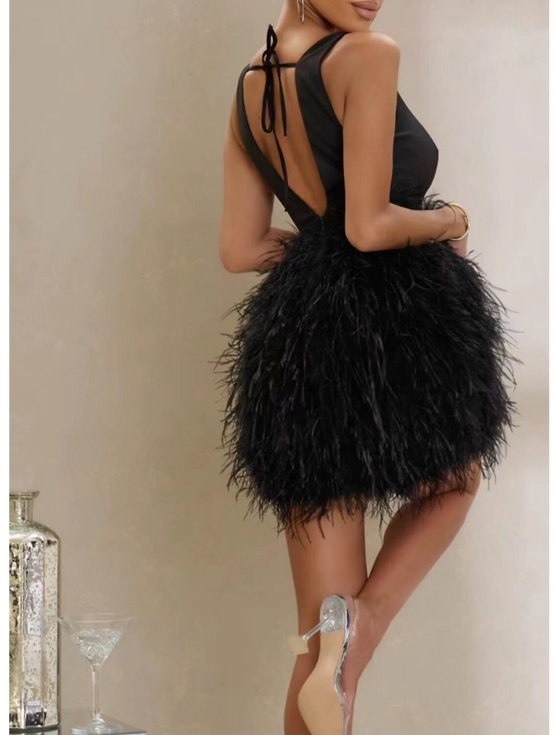 Wholesale Sheath / Column Party Dresses Backless Dress Wedding Guest Cocktail Party Short / Mini Sleeveless V Neck Polyester with Feather