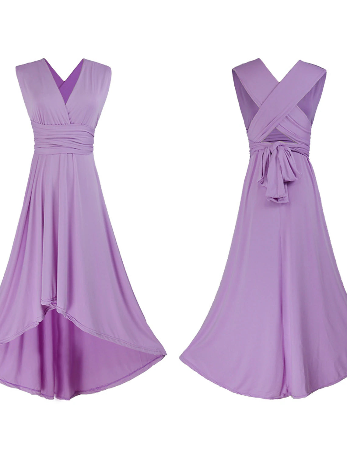Wholesale A-Line Bridesmaid Dress V Neck Sleeveless Convertible Infinity Asymmetrical Spandex with Pleats / Solid Color