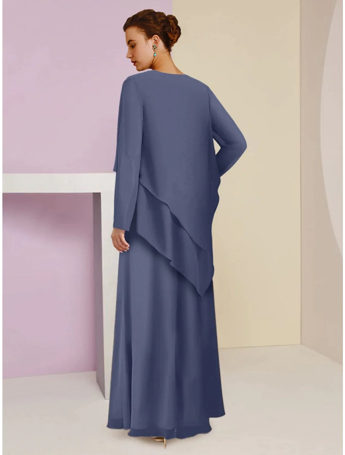 Wholesale A-Line Mother of the Bride Dress Wedding Guest Elegant Square Neck Ankle Length Chiffon Long Sleeve with Crystal Brooch Ruching