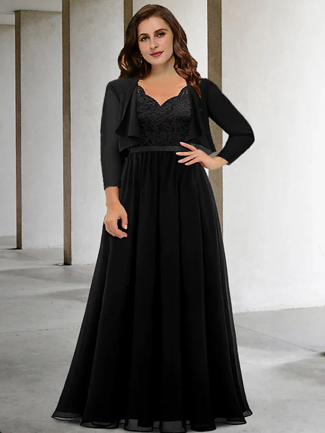 Wholesale Two Piece A-Line Plus Size Curve Mother of the Bride Dresses Elegant Dress Formal Floor Length Short Sleeve V Neck Chiffon with Appliques