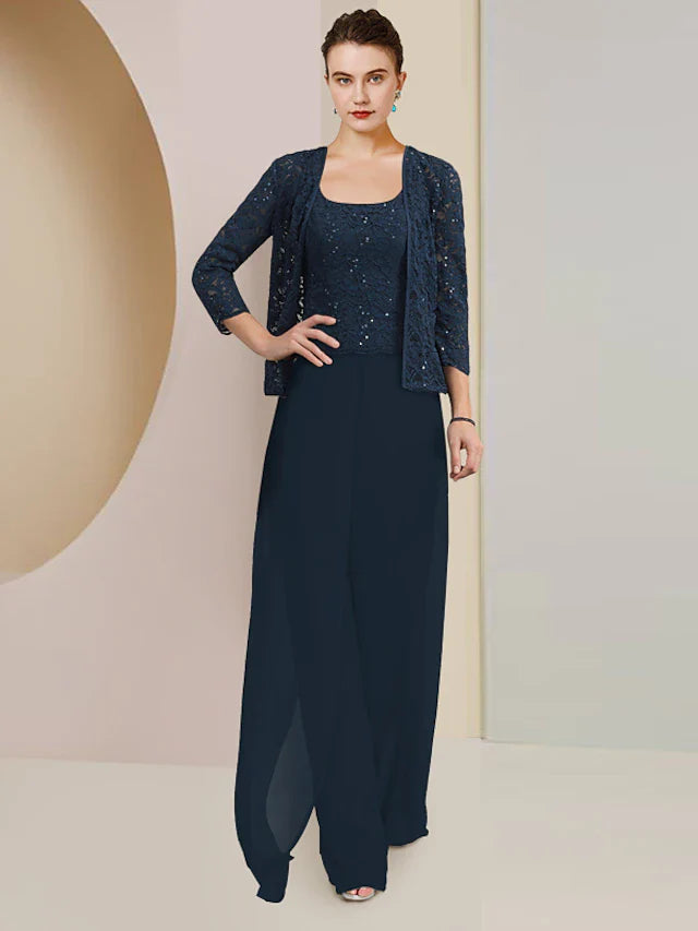 Wholesale Jumpsuit / Pantsuit 3 Piece Mother of the Bride Dress Formal Wedding Guest Plus Size Elegant Scoop Neck Floor Length Chiffon Lace Sleeveless Wrap Included with Sequin