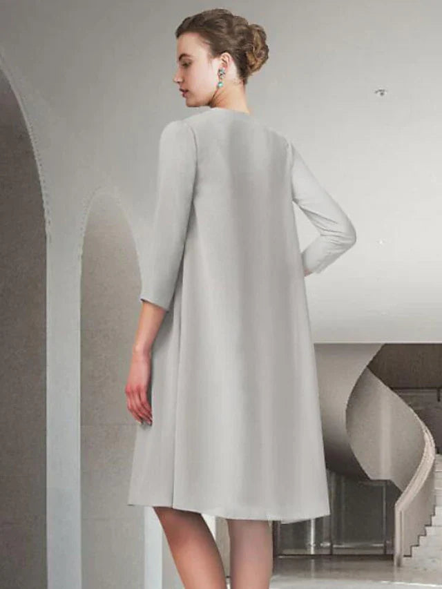 Wholesale Two Piece A-Line Mother of the Bride Dress Church Elegant Jewel Neck Knee Length Chiffon Sleeveless with Pleats Ruched