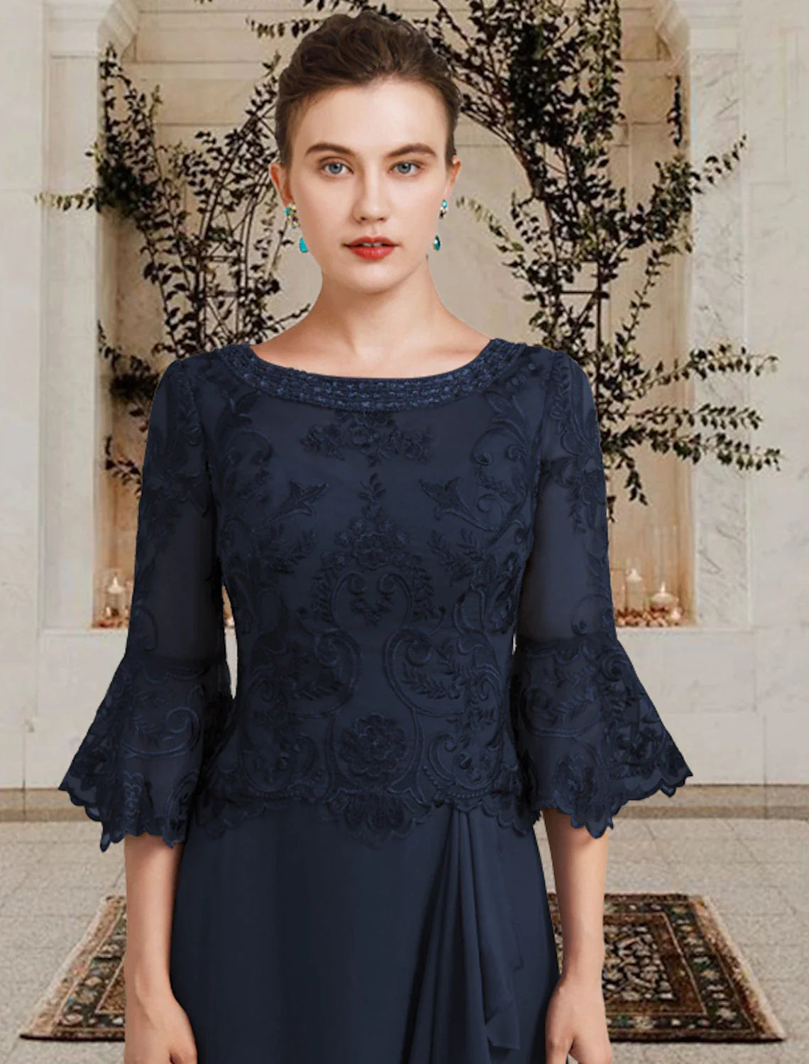 Wholesale Sheath / Column Mother of the Bride Dress Plus Size Elegant Jewel Neck Floor Length Chiffon Lace Half Sleeve with Sequin Appliques