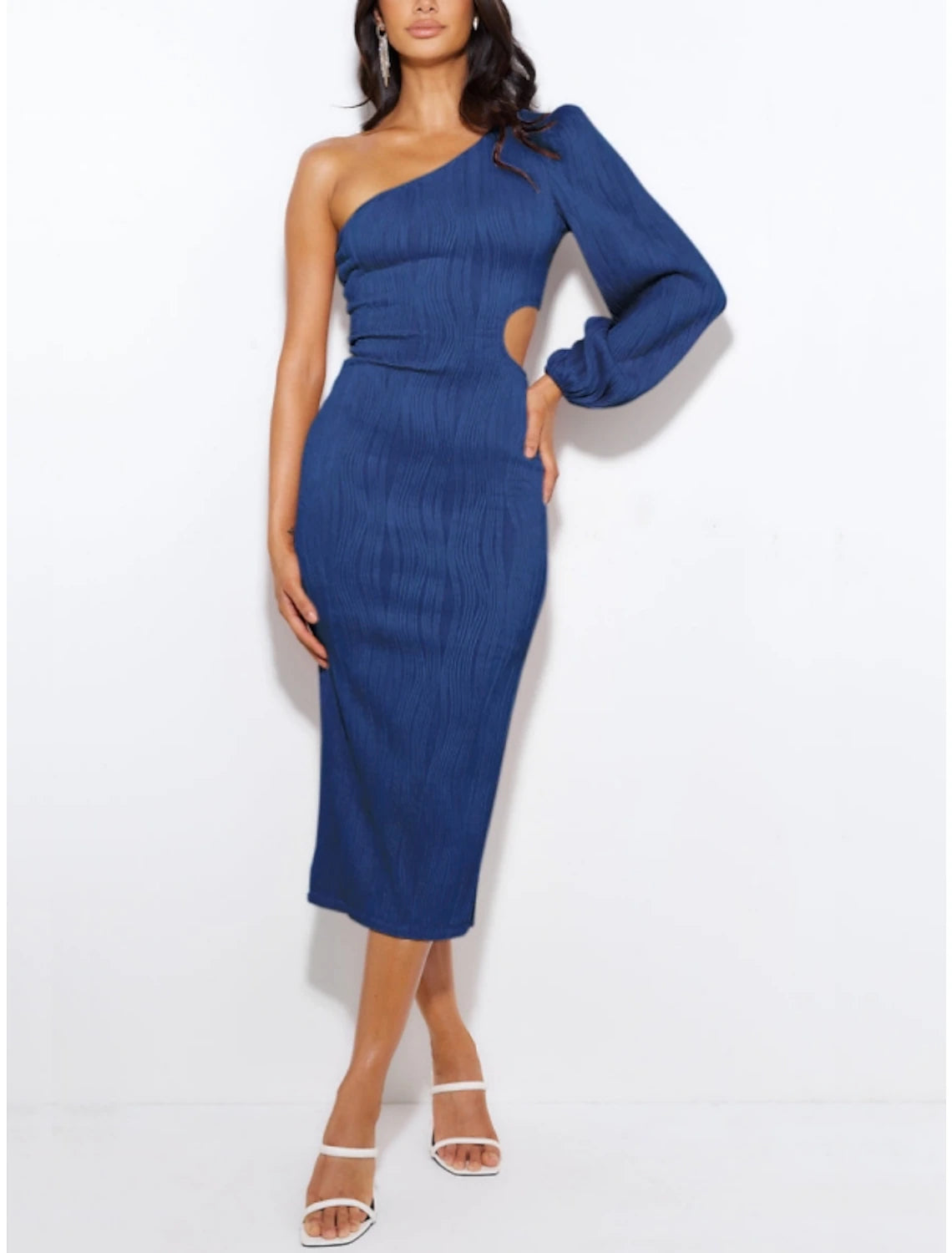 Wholesale Sheath Black Dress Party Dresses Elegant Dress Formal Tea Length Long Sleeve One Shoulder Stretch Fabric with Ruched