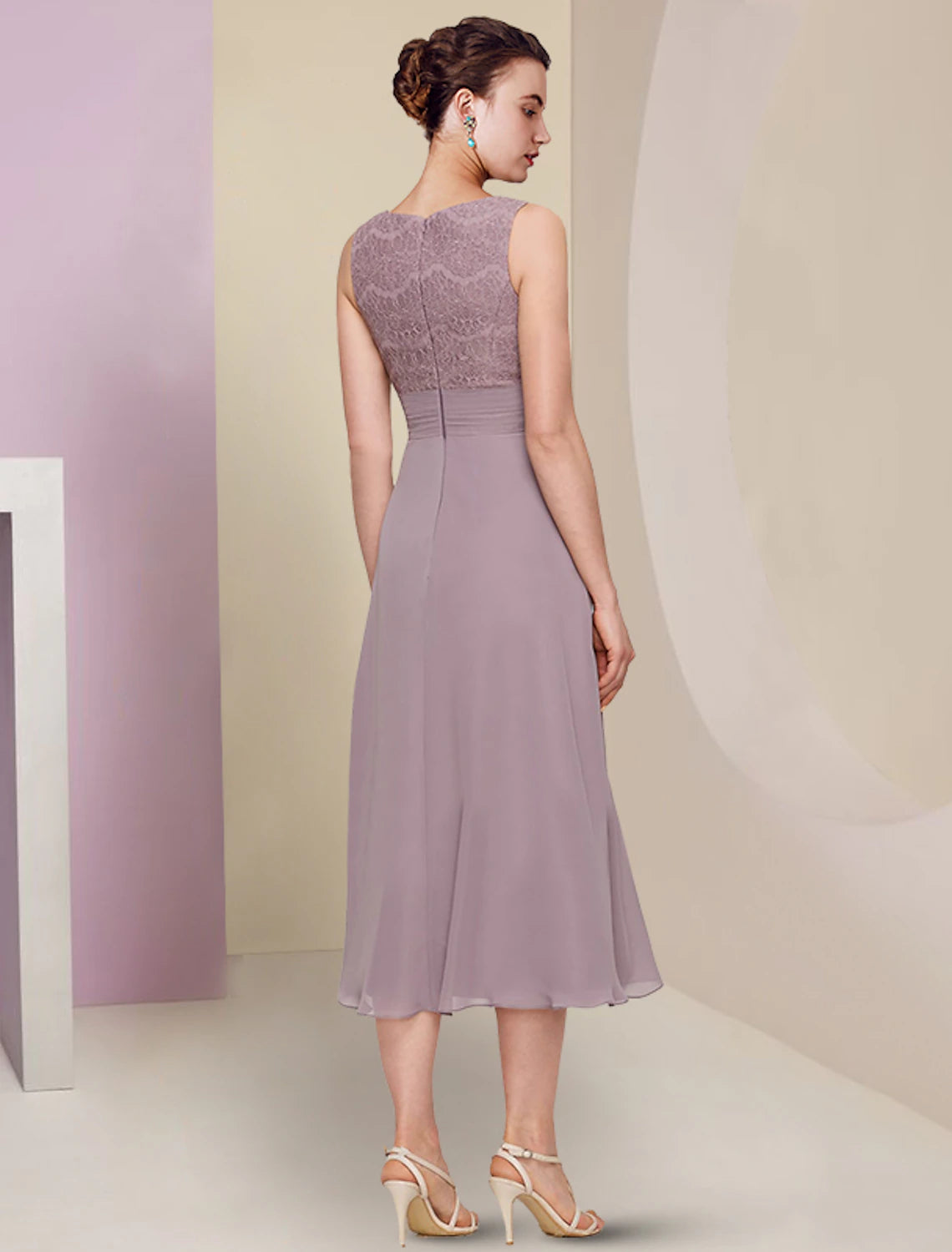 Wholesale  Two Piece Mother of the Bride Dress Wedding Guest Church Elegant Jewel Neck Tea Length Chiffon Lace Half Sleeve with Solid