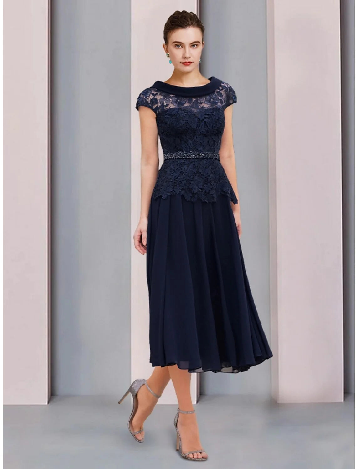 Wholesale A-Line Mother of the Bride Dress Wedding Guest Elegant Scoop Neck Tea Length Chiffon Lace Short Sleeve with Sequin Ruching Solid Color