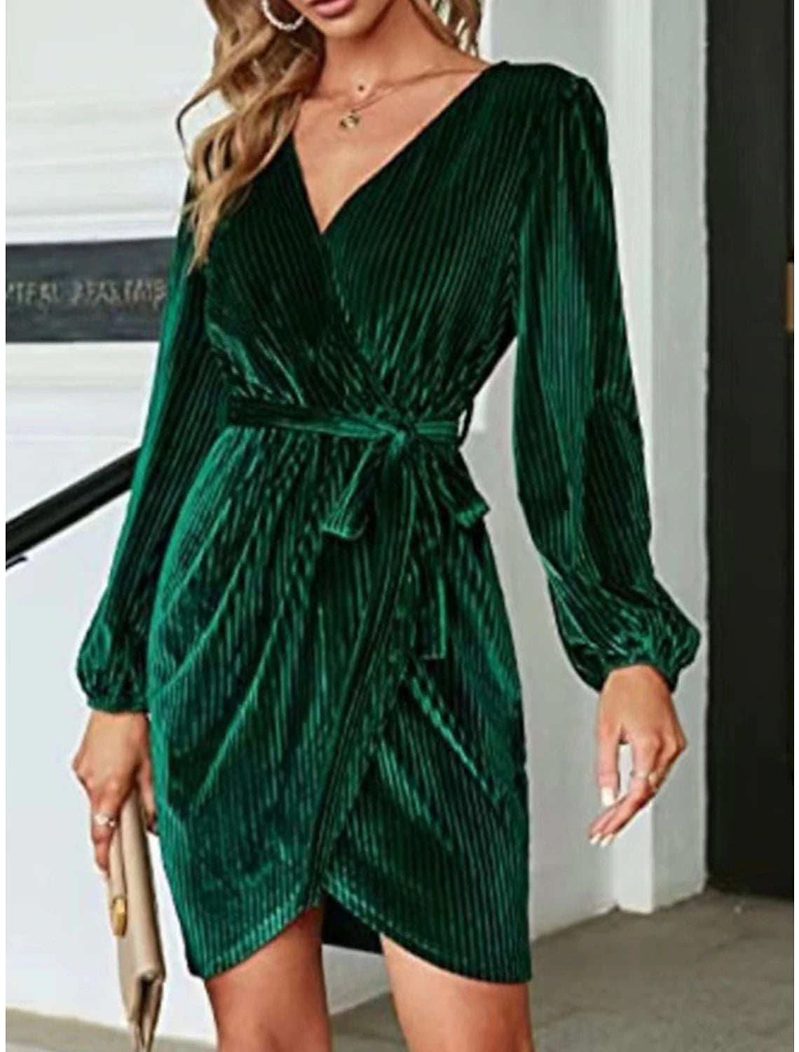 Wholesale Women's Christmas Party Dress Homecoming Dress Velvet Dress Cocktail Dress Mini Dress Wine Dark Green Dark Blue Long Sleeve Pure Color Lace up Fall Winter V Neck Wedding Guest