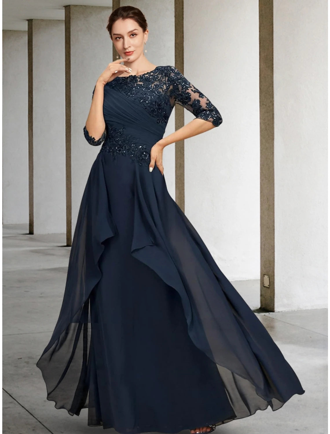 Wholesale A-Line Mother of the Bride Dress Wedding Guest Elegant Scoop Neck Floor Length Chiffon Lace Half Sleeve with Sequin Ruching Solid Color
