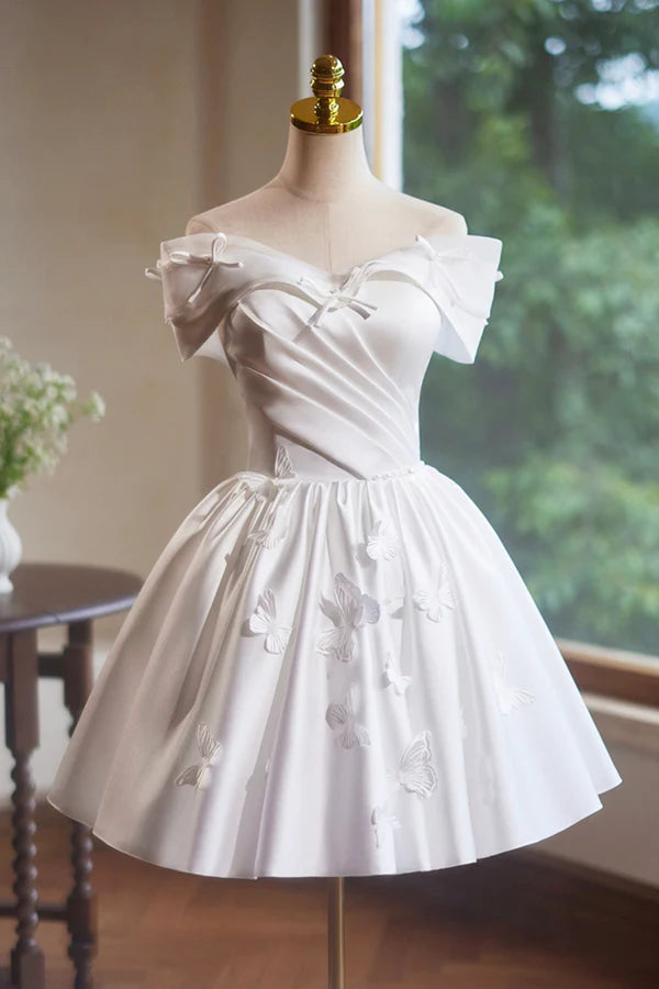 Wholesale White Satin Knee Length Party Dress Off the Shoulder A-Line Evening Dress