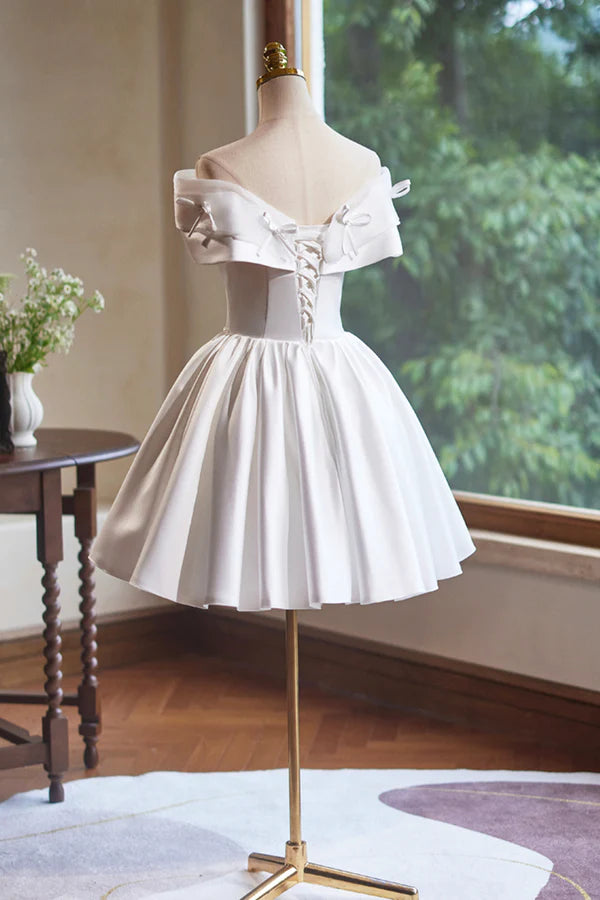 Wholesale White Satin Knee Length Party Dress Off the Shoulder A-Line Evening Dress