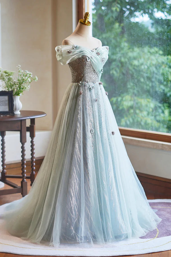 Wholesale Lovely Tulle Floor Length Green Party Dress Off the Shoulder A-Line Evening Dress