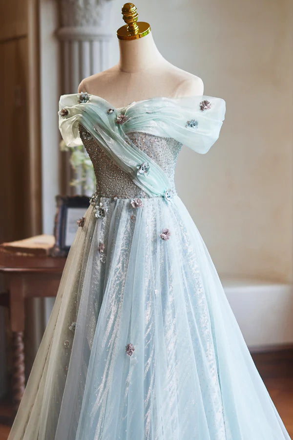 Wholesale Lovely Tulle Floor Length Green Party Dress Off the Shoulder A-Line Evening Dress