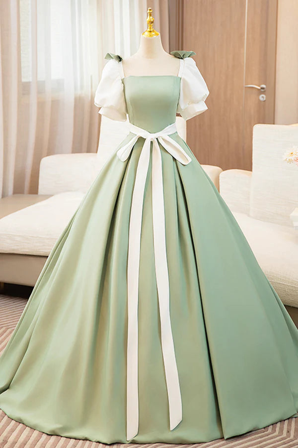 Wholesale White and Green Long Prom Dress Lovely A-Line Short Sleeve Evening Party Dress