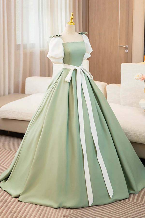 Wholesale White and Green Long Prom Dress Lovely A-Line Short Sleeve Evening Party Dress