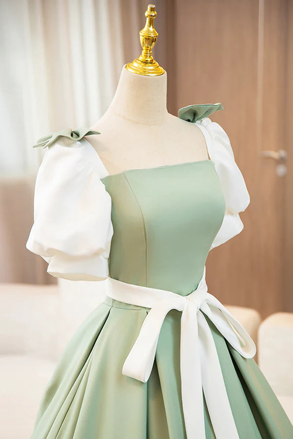 Wholesale White and Green Long Prom Dress Lovely A-Line Short Sleeve Evening Party Dress