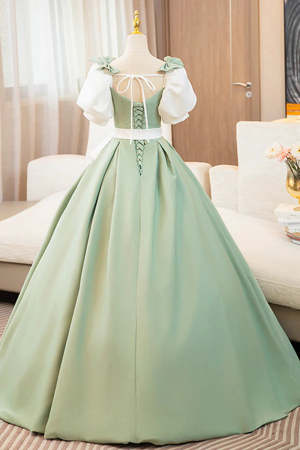 Wholesale White and Green Long Prom Dress Lovely A-Line Short Sleeve Evening Party Dress