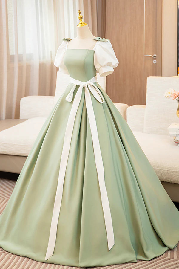 Wholesale White and Green Long Prom Dress Lovely A-Line Short Sleeve Evening Party Dress