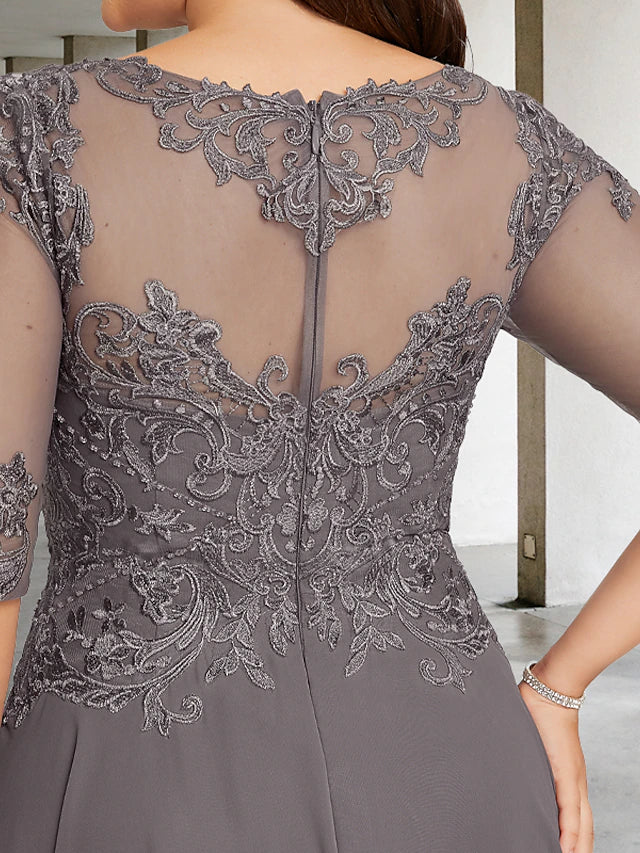 Wholesale A-Line Plus Size Curve Mother of the Bride Dresses Elegant Dress Formal Asymmetrical Half Sleeve Jewel Neck Chiffon with Beading Appliques