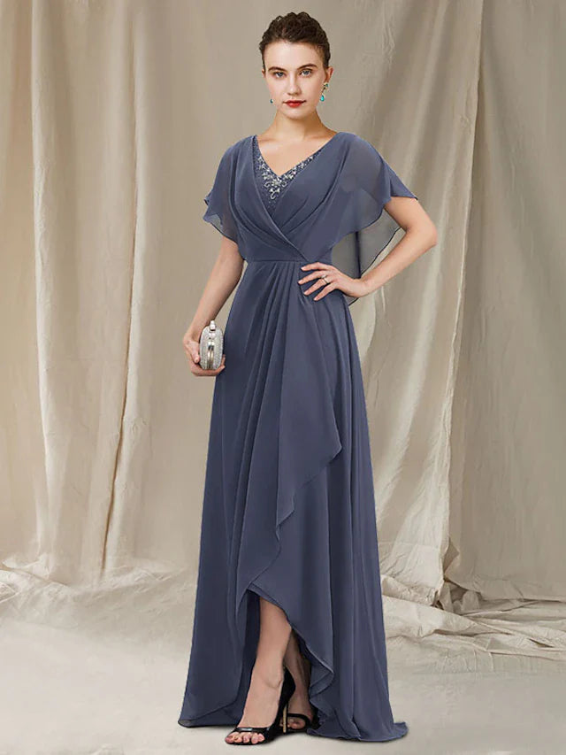 Wholesale A-Line Mother of the Bride Dress Elegant High Low V Neck Sweep / Brush Train Asymmetrical Chiffon Short Sleeve with Lace Cascading Ruffles
