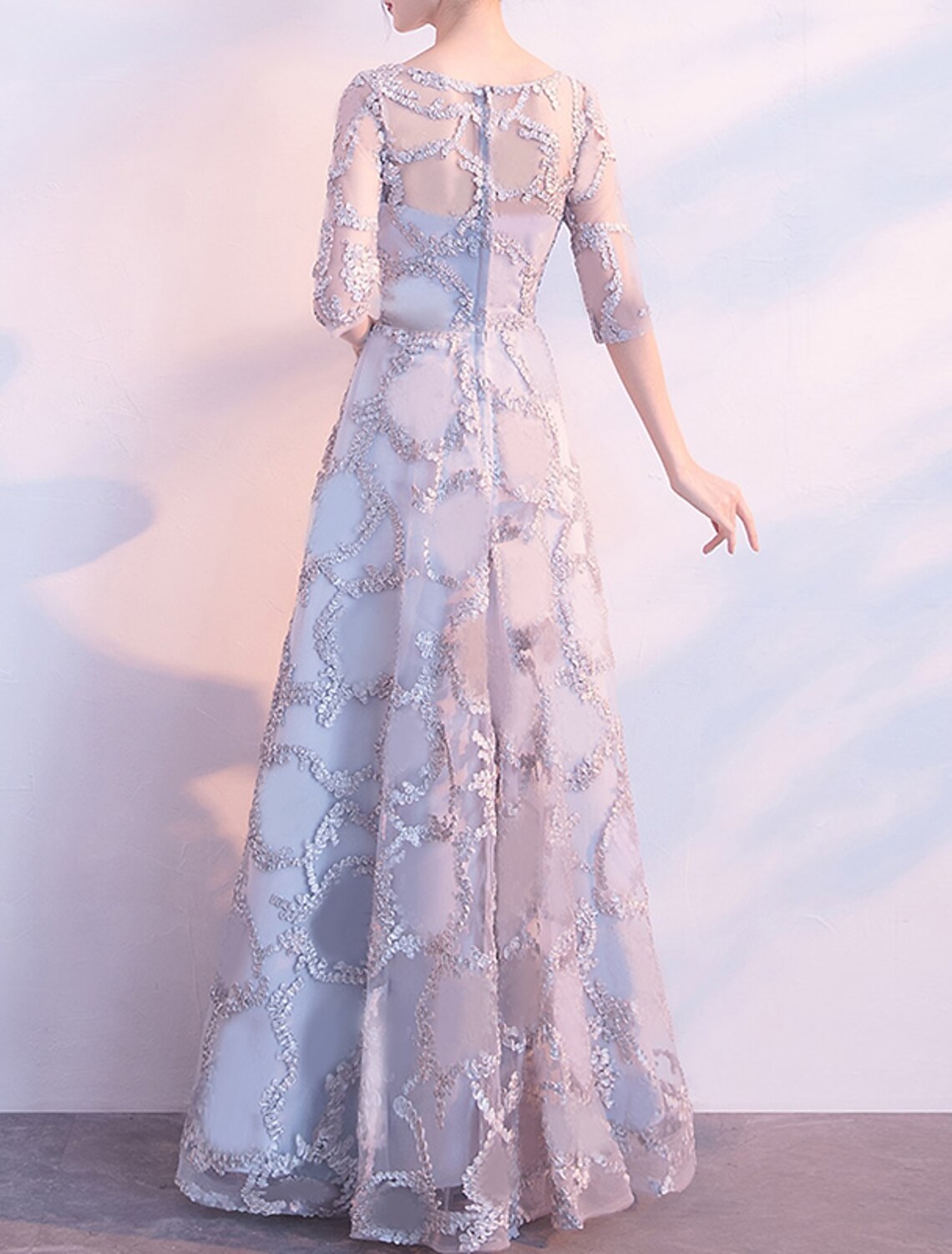 Wholesale A-Line Minimalist Elegant Prom Formal Evening Dress Jewel Neck Half Sleeve Floor Length Tulle with Pleats Appliques