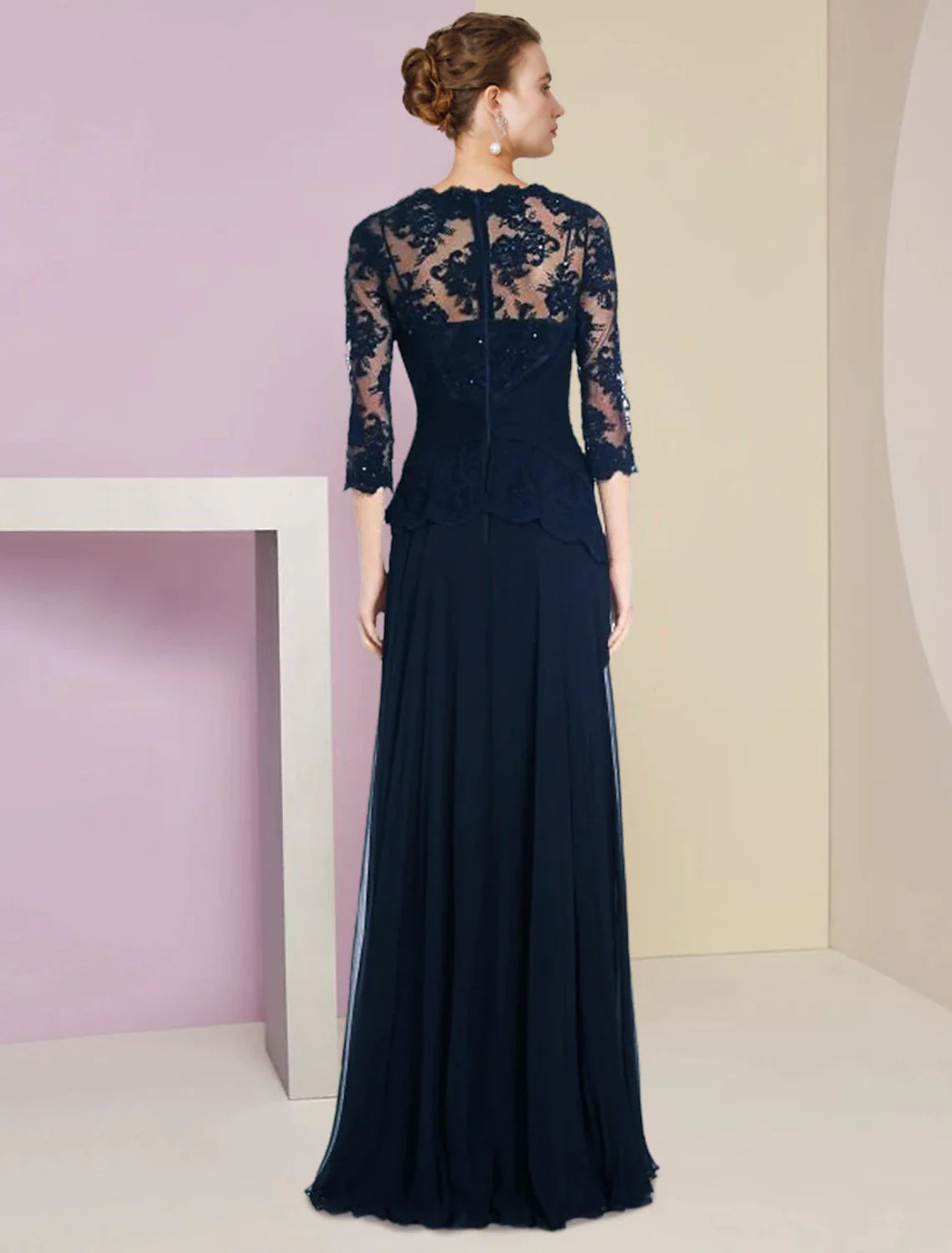 Wholesale A-Line Mother of the Bride Dress Formal Wedding Guest Elegant Scoop Neck Floor Length Chiffon Lace Half Sleeve with Pleats Appliques Crystal Brooch