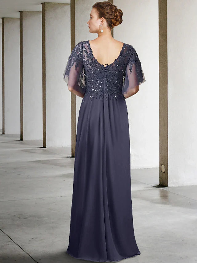 Wholesale A-Line Plus Size Curve Mother of the Bride Dress Elegant V Neck Floor Length Chiffon Lace Short Sleeve with Beading Sequin Appliques