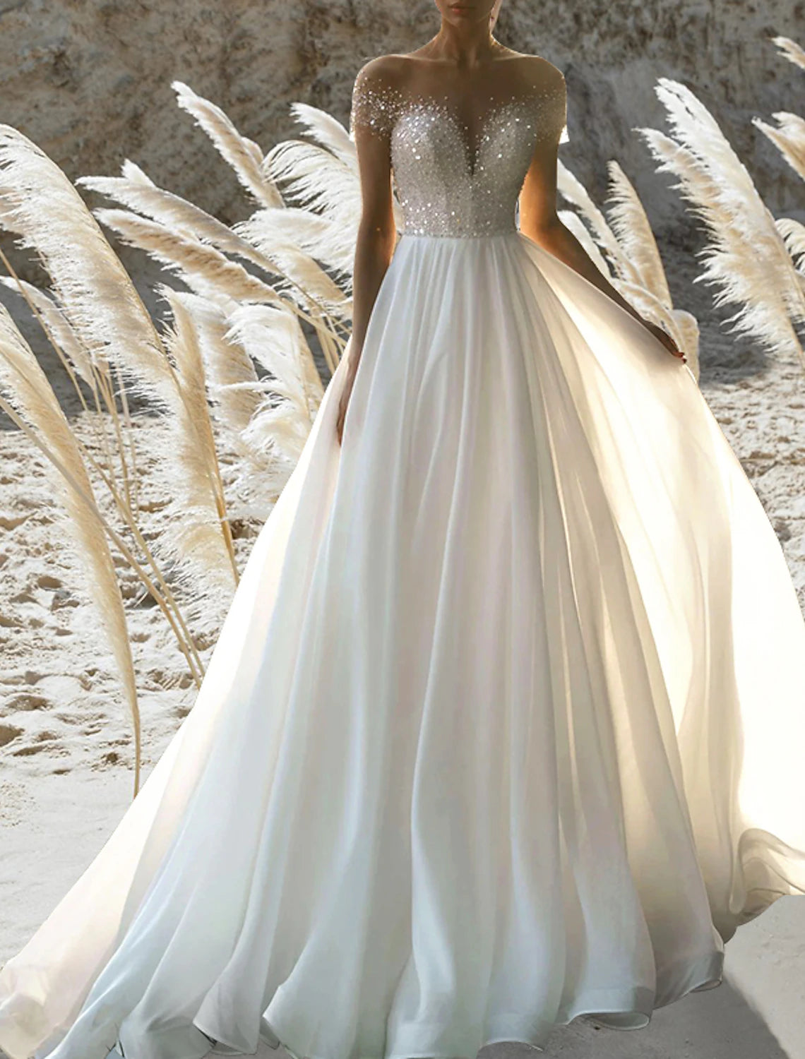 Wholesale Beach Formal Wedding Dresses A-Line Off Shoulder Short Sleeve Court Train Chiffon Bridal Gowns With Pleats Beading
