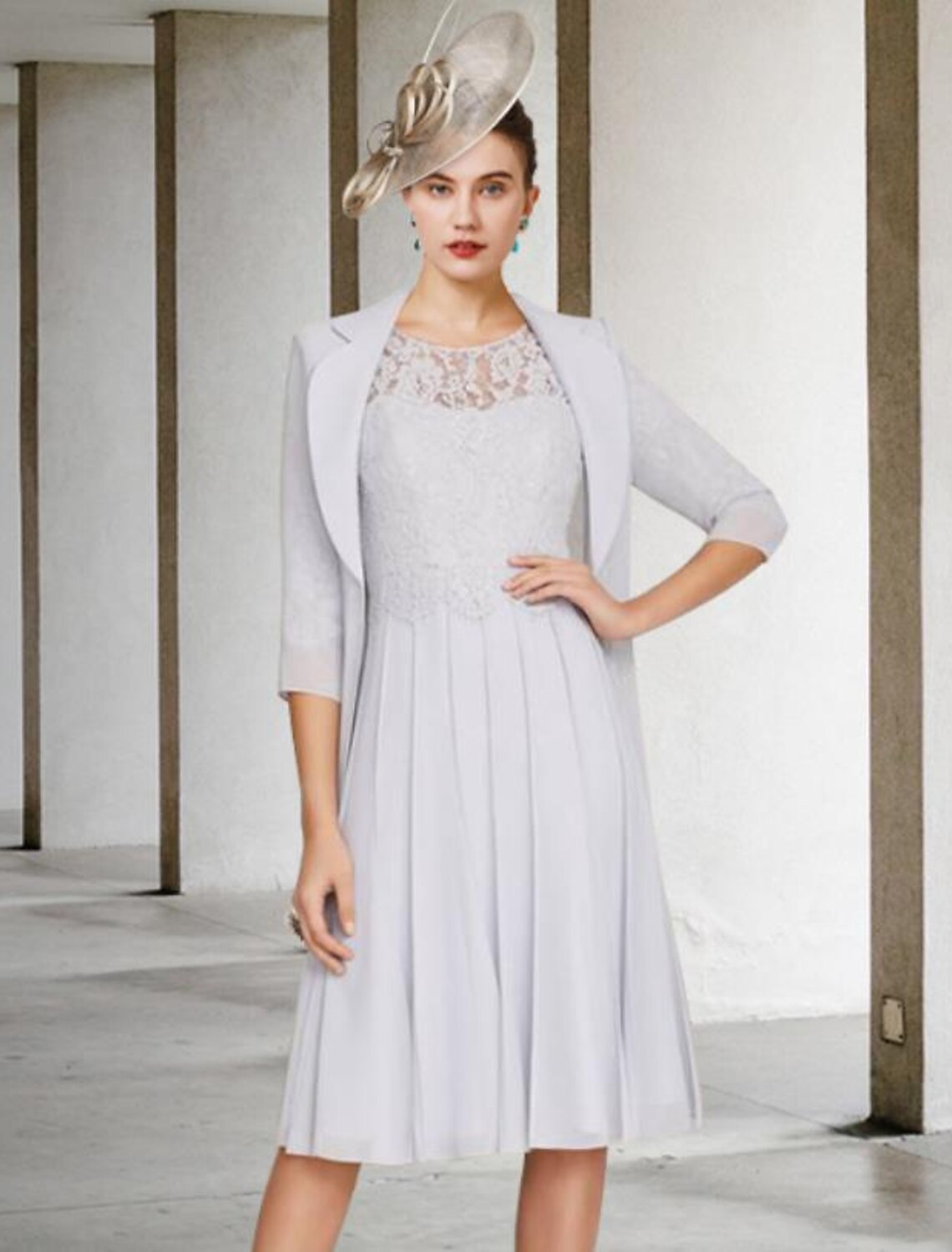 Wholesale  Two Piece A-Line Mother of the Bride Dress Church Elegant V Neck Knee Length Satin Lace Half Sleeve Jacket Dresses with Pleats