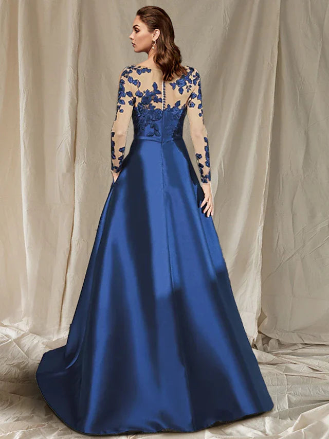 Wholesale A-Line Mother of the Bride Dress Plus Size Elegant V Neck Floor Length Satin Lace Tulle Long Sleeve with Appliques Split Front