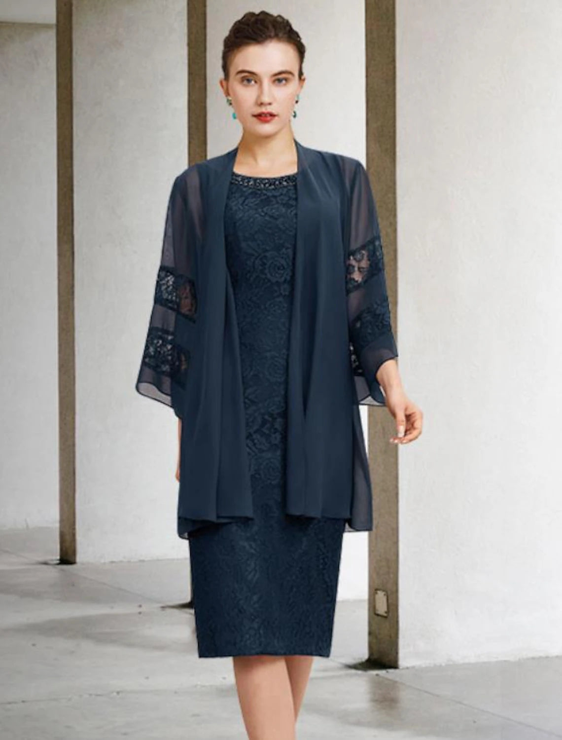 Wholesale  Two Piece Sheath / Column Mother of the Bride Dress Wedding Guest Plus Size Elegant Jewel Neck Knee Length Chiffon Lace Sleeveless with Beading Appliques Fall