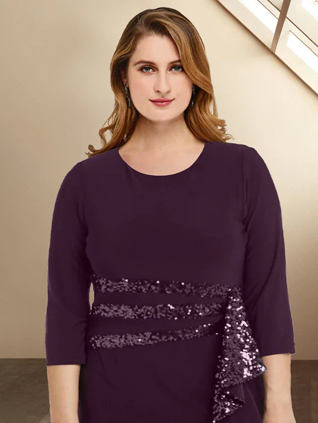 Wholesale Sheath / Column Plus Size Curve Mother of the Bride Dresses Elegant Dress Formal Floor Length 3/4 Length Sleeve Jewel Neck Sequined with Ruffles Splicing Strappy