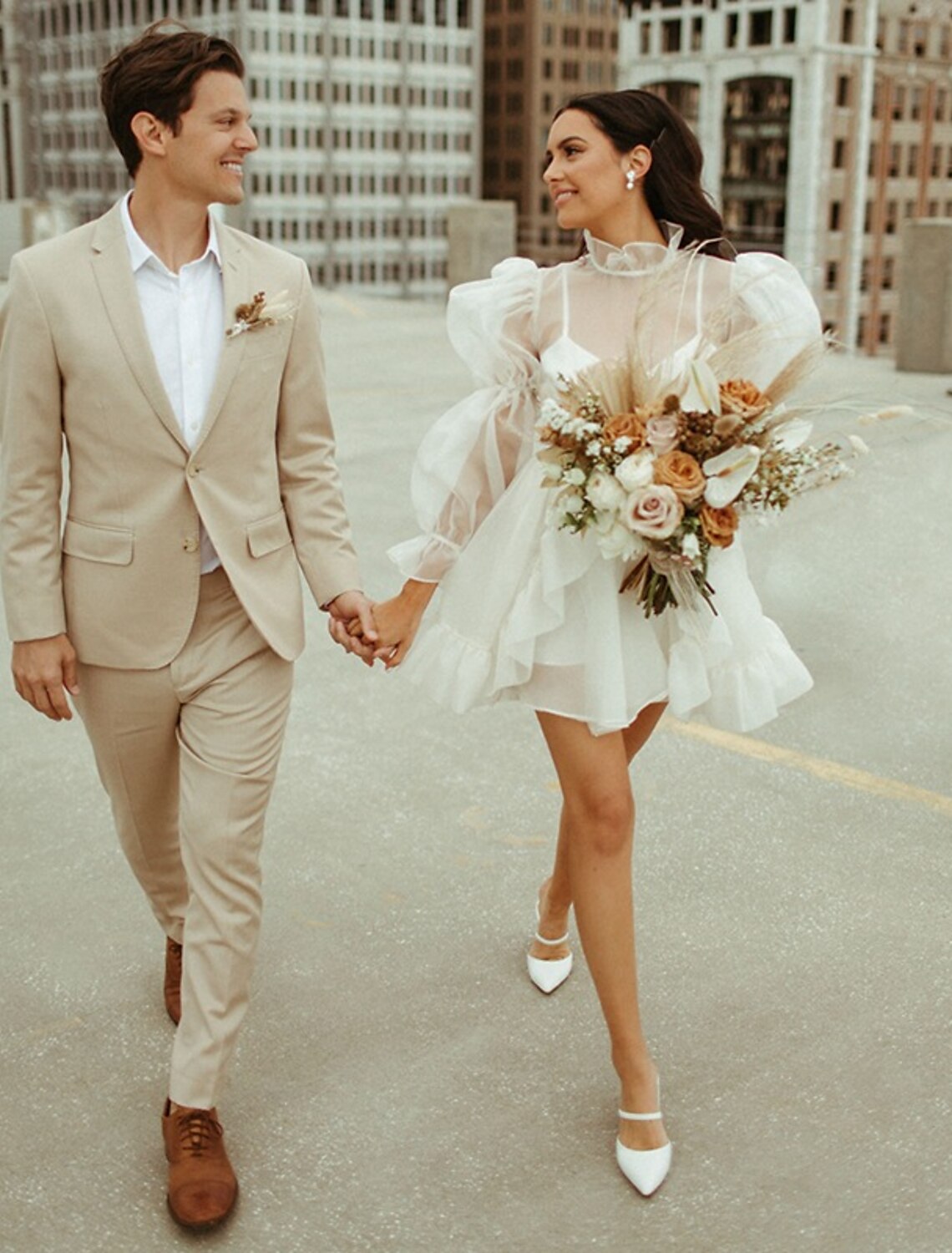 Wholesale Reception Little White Dresses Wedding Dresses A-Line High Neck Long Sleeve Short / Mini Organza Bridal Gowns With Pick Up Skirt