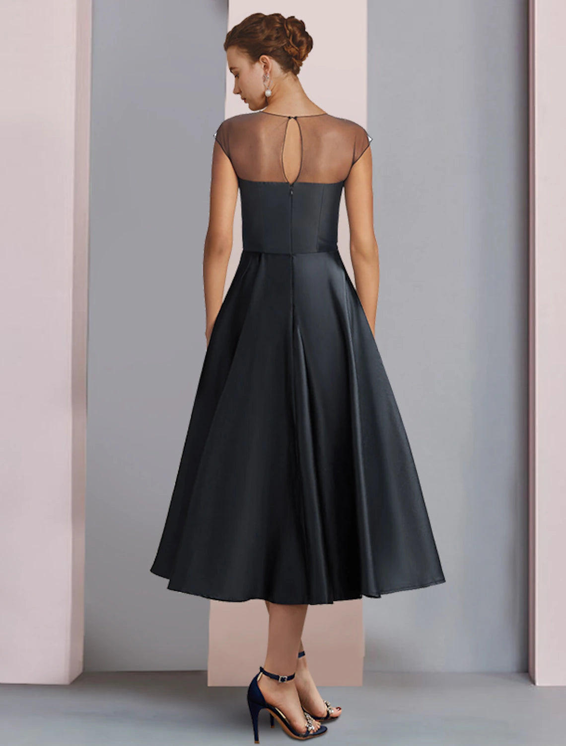 Wholesale A-Line Mother of the Bride Dress Wedding Guest Party Elegant Scoop Neck Tea Length Satin Half Sleeve with Pleats Flower