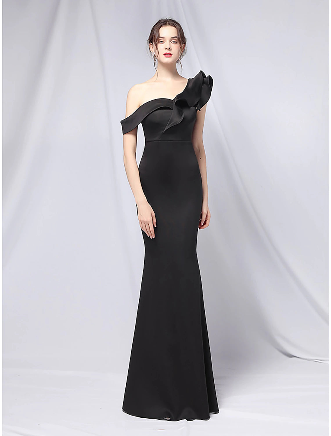Wholesale Mermaid / Trumpet Evening Gown Empire Dress Wedding Guest Formal Evening Floor Length Short Sleeve One Shoulder Stretch Satin with Ruffles