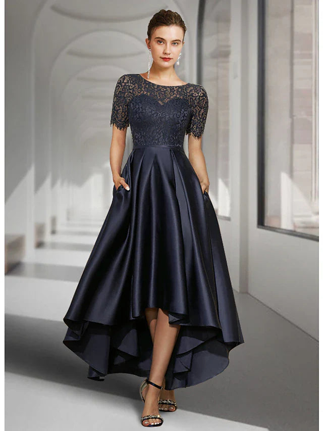 Wholesale A-Line Mother of the Bride Dress Wedding Guest Elegant High Low Jewel Neck Asymmetrical Tea Length Satin Lace Short Sleeve with Pleats