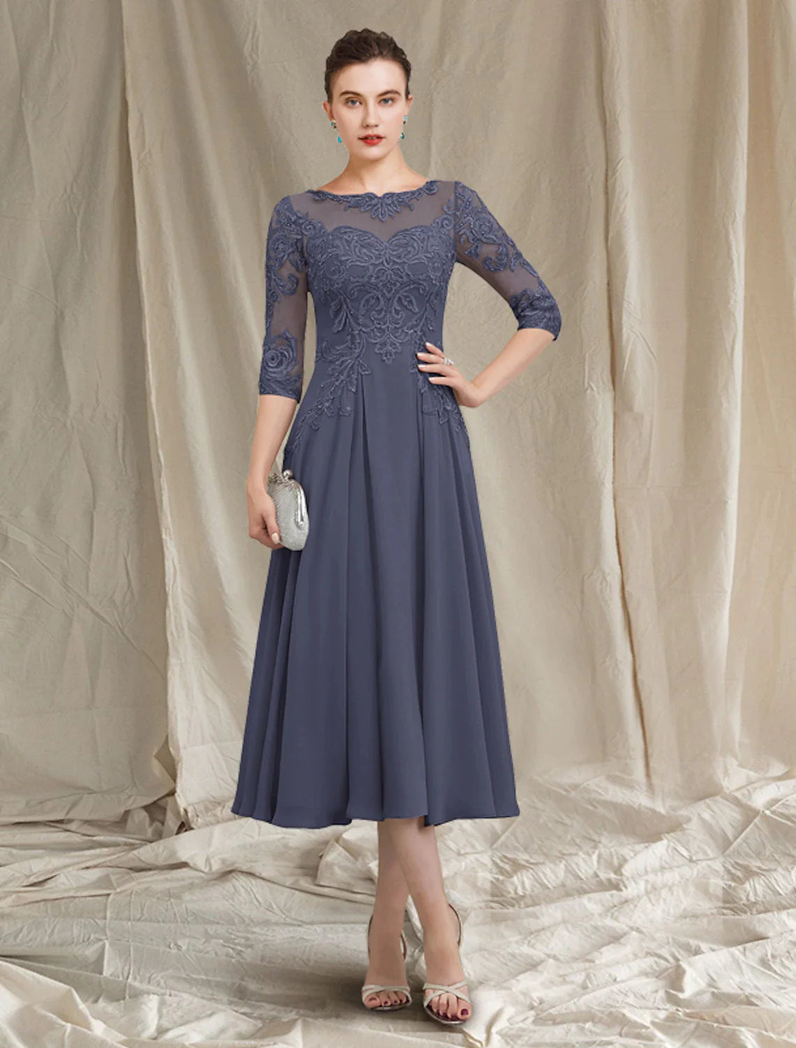 Wholesale A-Line Mother of the Bride Dress Elegant Jewel Neck Tea Length Chiffon Lace Half Sleeve with Pleats Appliques
