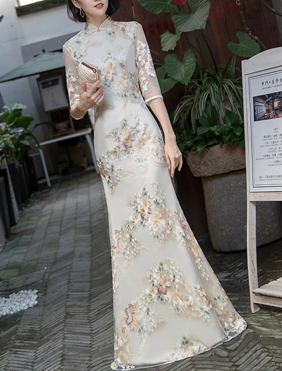 Wholesale Sheath / Column Cheongsam Chinese Qipao Vintage Wedding Guest Formal Evening Dress High Neck Half Sleeve Floor Length Satin with Embroidery