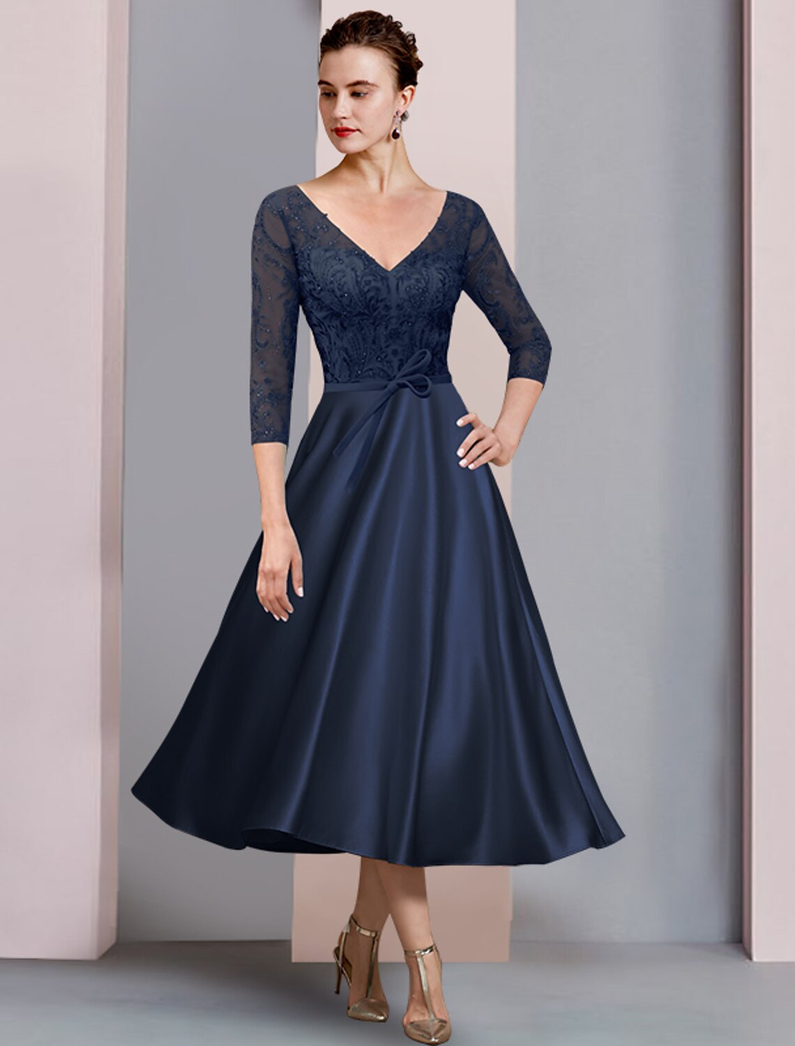 Wholesale  A-Line Mother of the Bride Dress Formal Wedding Guest Elegant V Neck Tea Length Satin Lace 3/4 Length Sleeve with Bow(s) Appliques