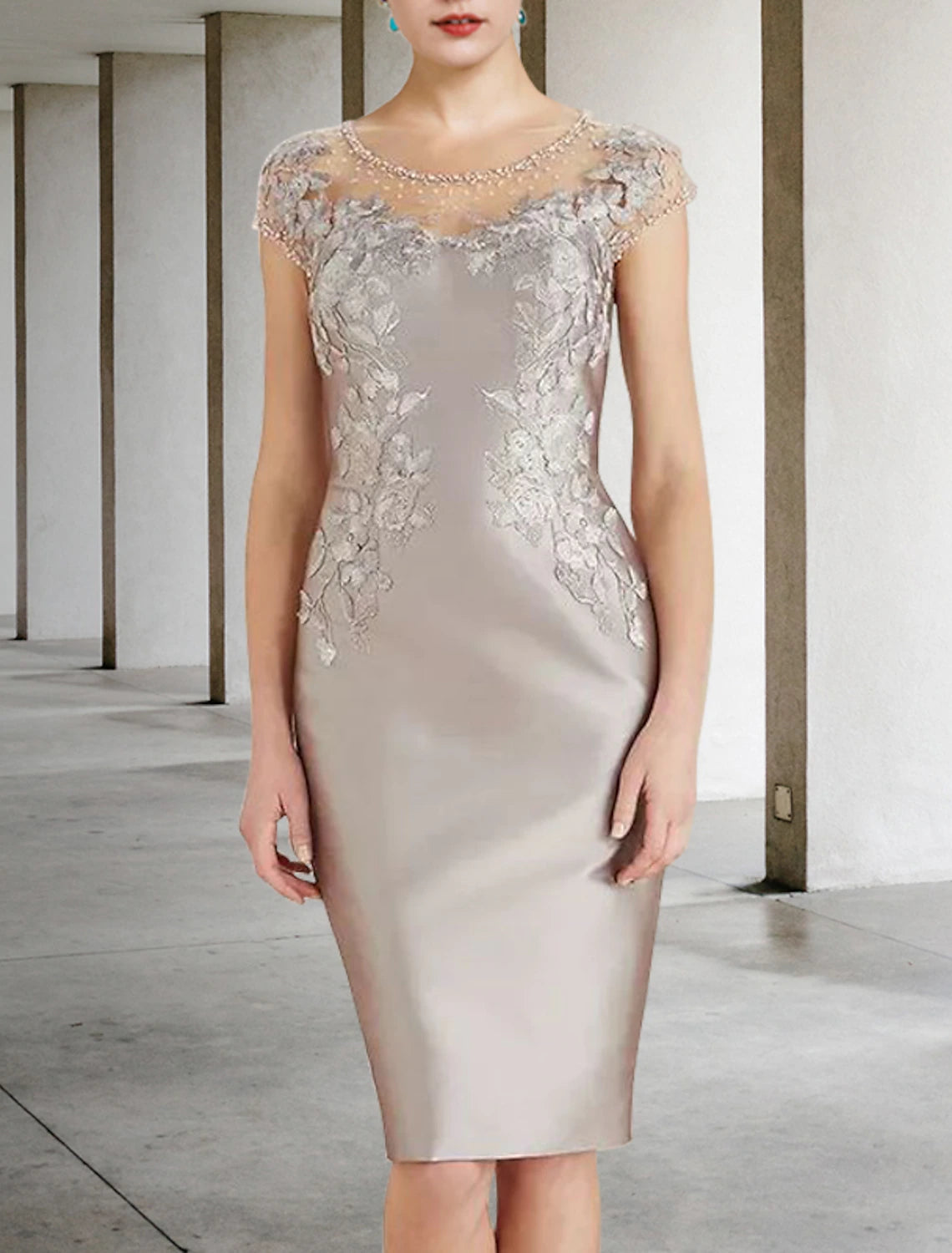 Wholesale  Sheath / Column Mother of the Bride Dress Wedding Guest Luxurious Elegant Jewel Neck Knee Length Lace Charmeuse Cap Sleeve with Beading Appliques Fall